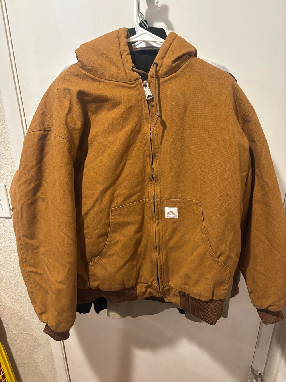 Men's Hooded Zip Bomber Jacket in Caramel. FLAME RESISTANT